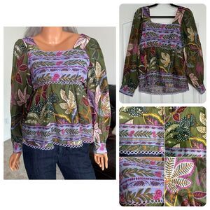 Farm Rio Blouse Top XS Green Jungle Fairy Boho Botanical Tropical Praire Resort